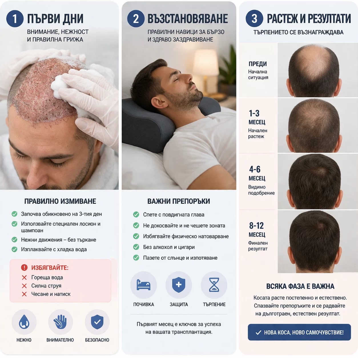 растеж на коса след трансплантация резултати 3 6 12 месеца