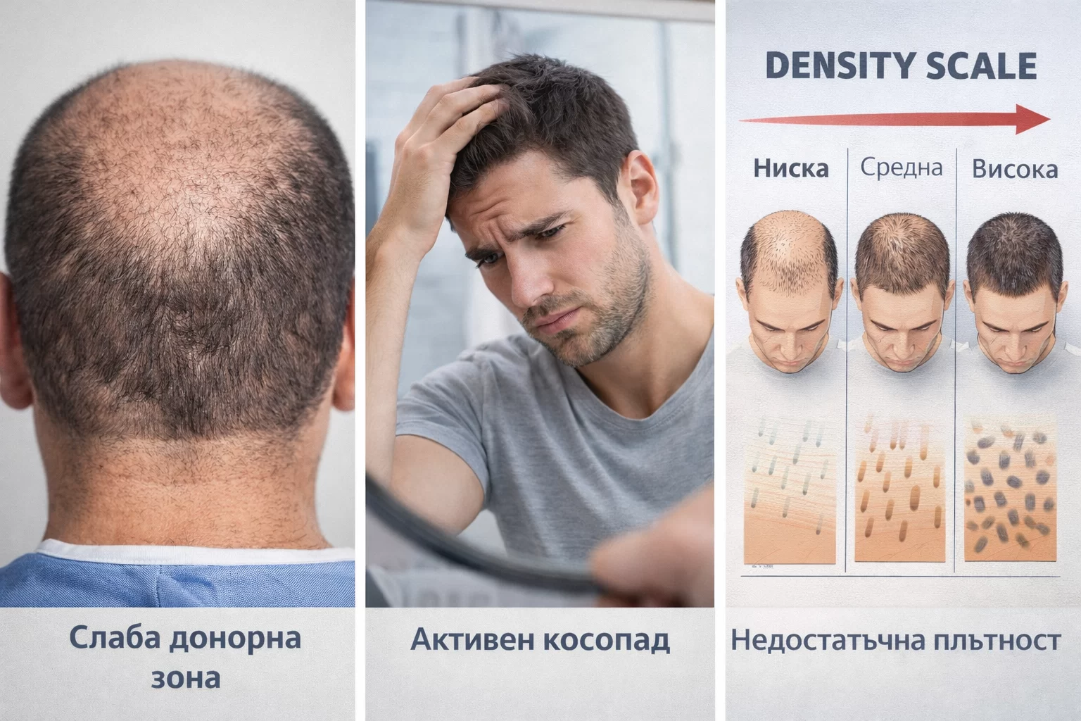 слаба донорна зона активен косопад недостатъчна плътност коса неподходящ кандидат за присаждане на коса