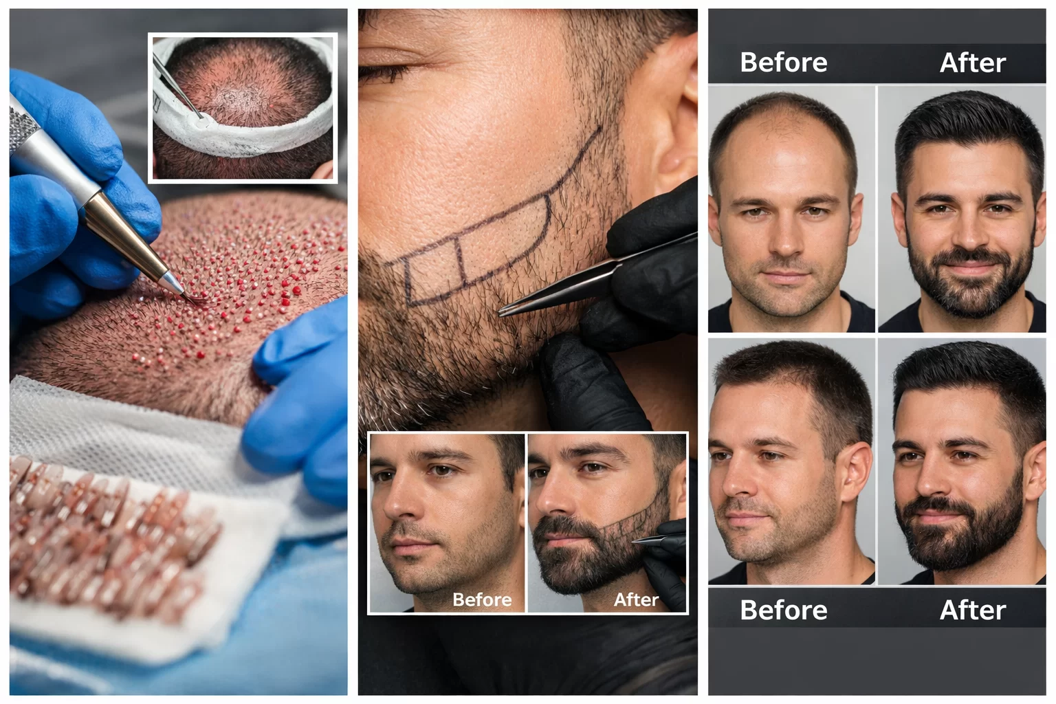 Присаждане на коса и брада – FUE процедура, дизайн на брада и естествени резултати преди и след