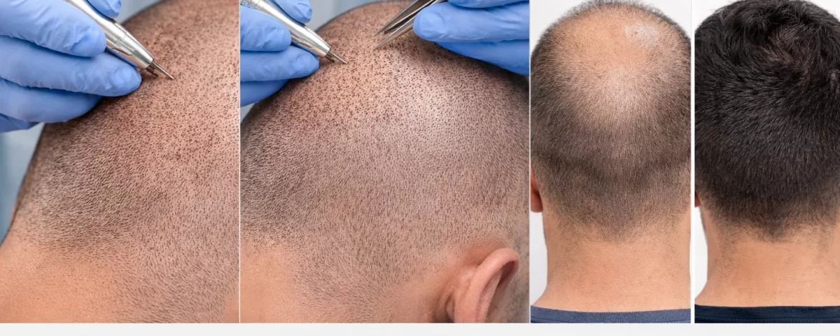 Извличане на графтове при присаждане на коса с метод FUE близък план