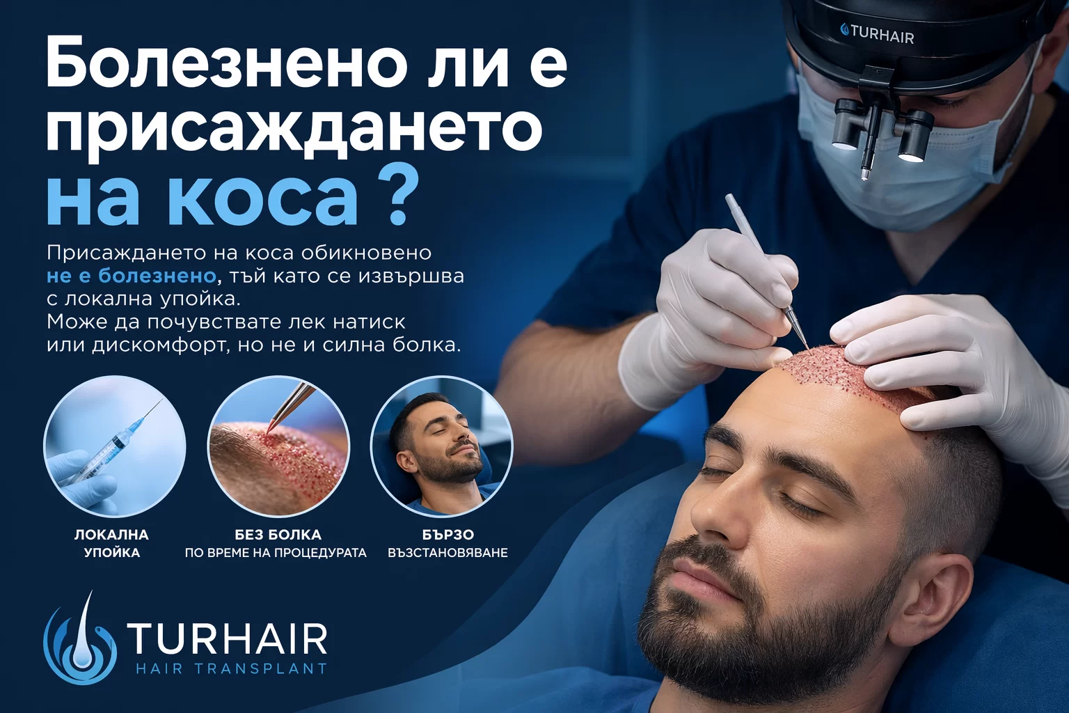Болезнено ли е присаждането на коса – процедура с местна упойка, без болка и бързо възстановяване Turhair