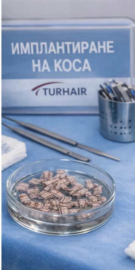 Графтове при присаждане на коса подготвени за имплантиране в скалпа