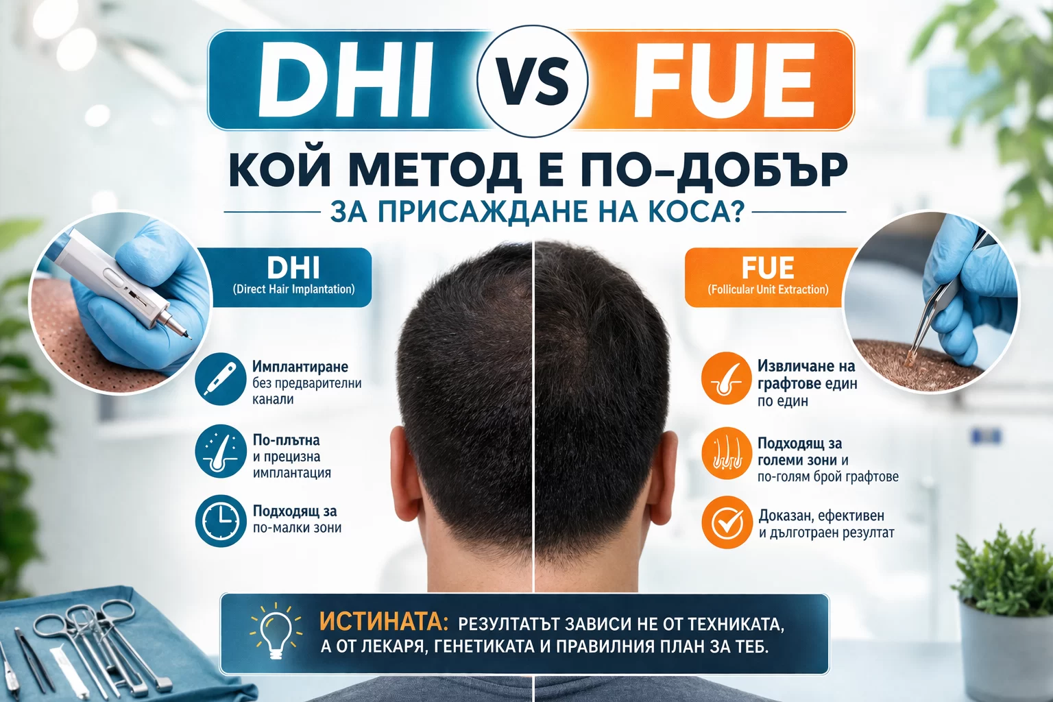 DHI или FUE разлика при присаждане на коса – сравнение на техники