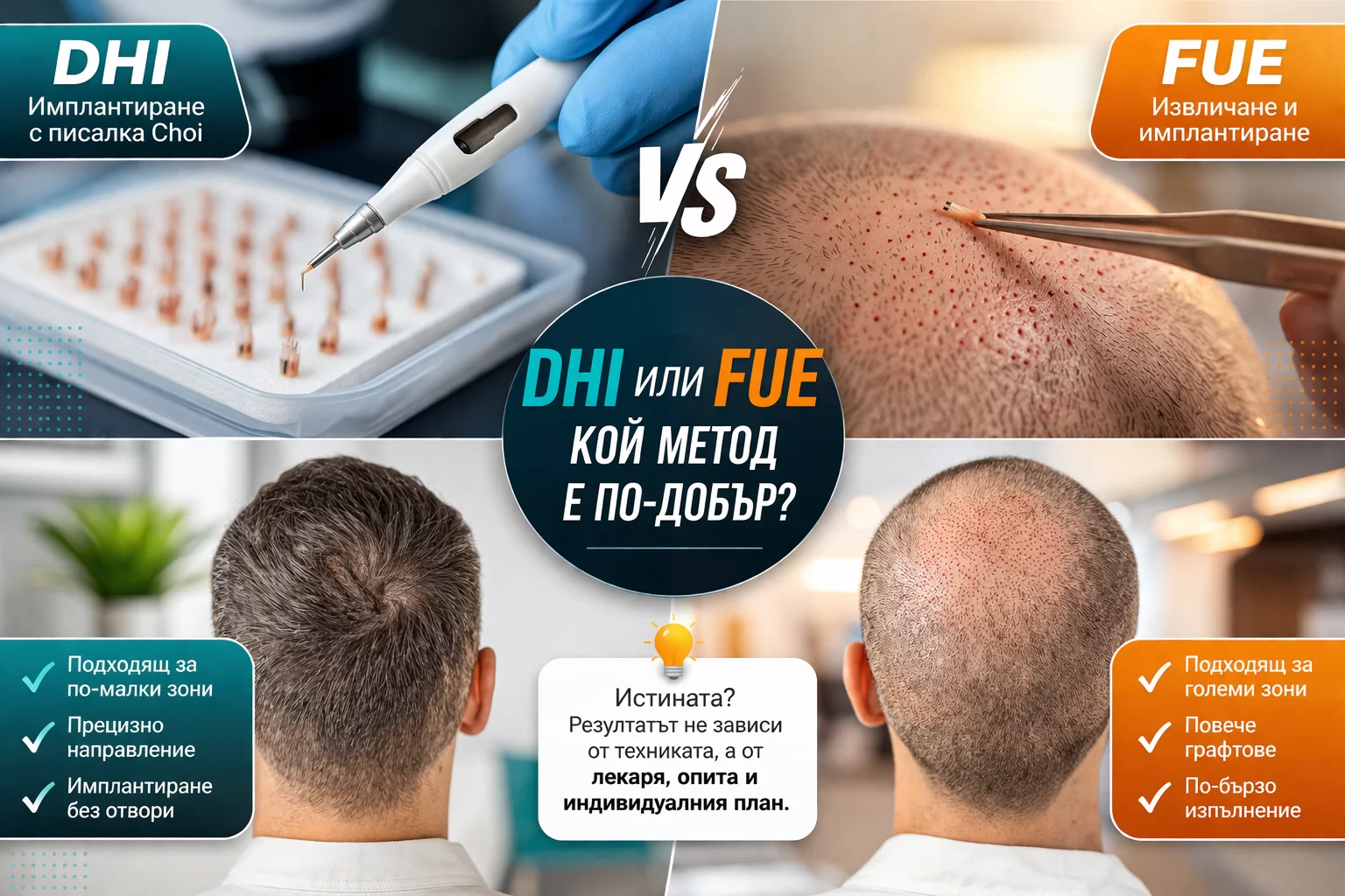 DHI или FUE разлика при присаждане на коса – сравнение на техники