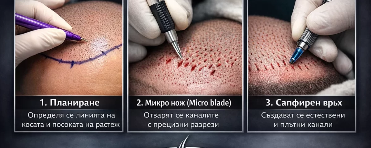 Как се отварят каналите при присаждане на коса – планиране, микро нож и сапфирен връх | Turhair
