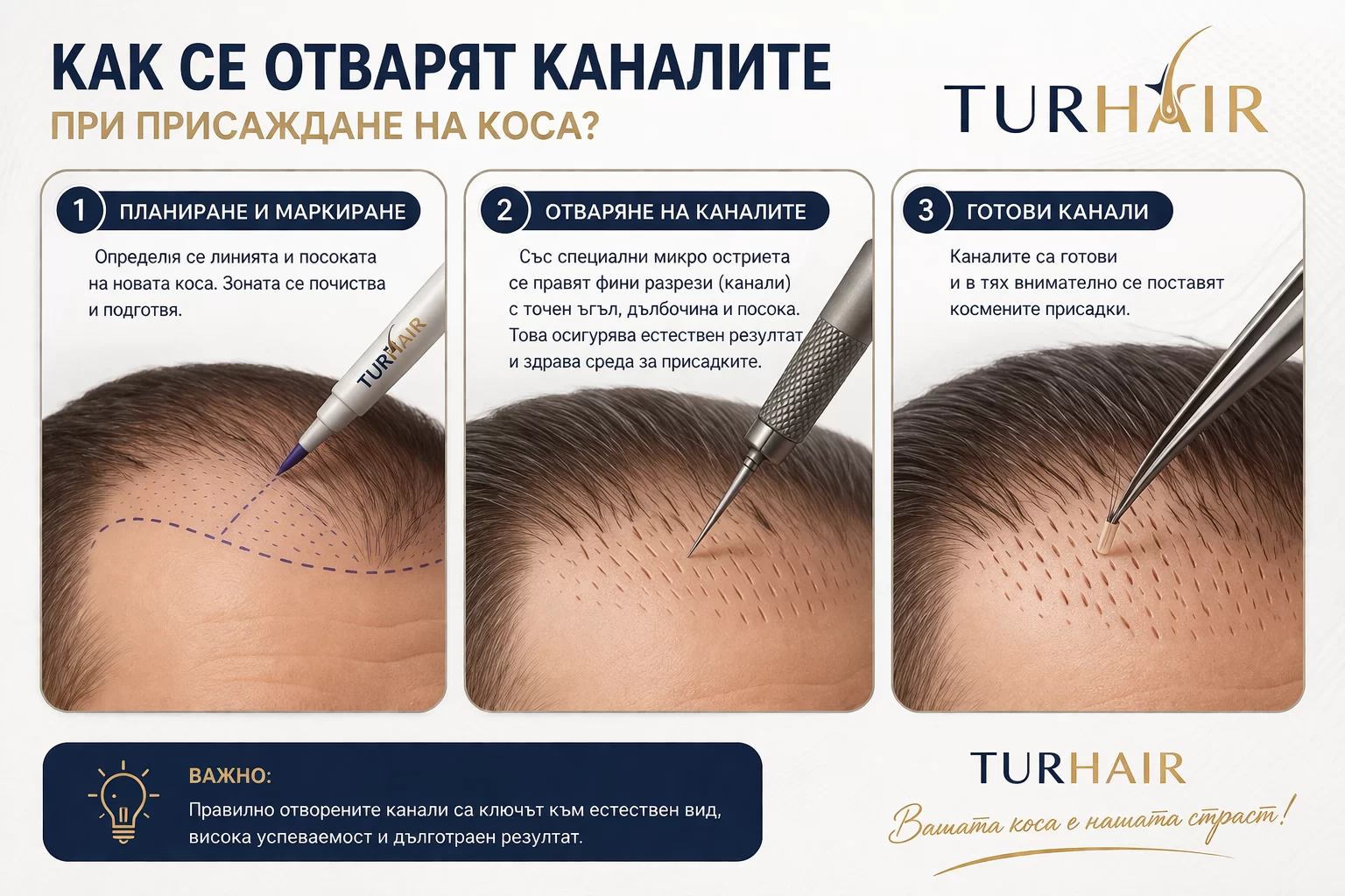 Отваряне на канали при присаждане на коса – естествен ъгъл и гъстота Turhair
