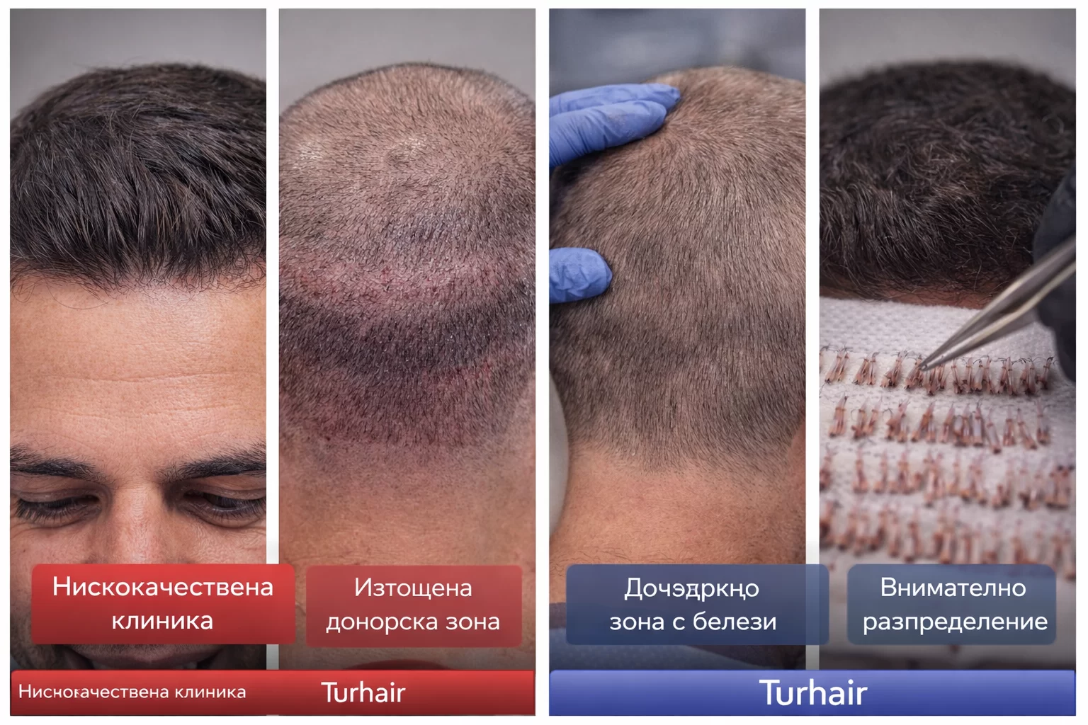 Разлика между нискокачествена клиника и Turhair – изтощена донорска зона срещу естествен резултат при присаждане на коса