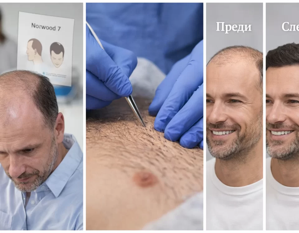 Присаждане на коса от тялото (BHT) – донорска зона от гърди и резултати преди и след трансплантация