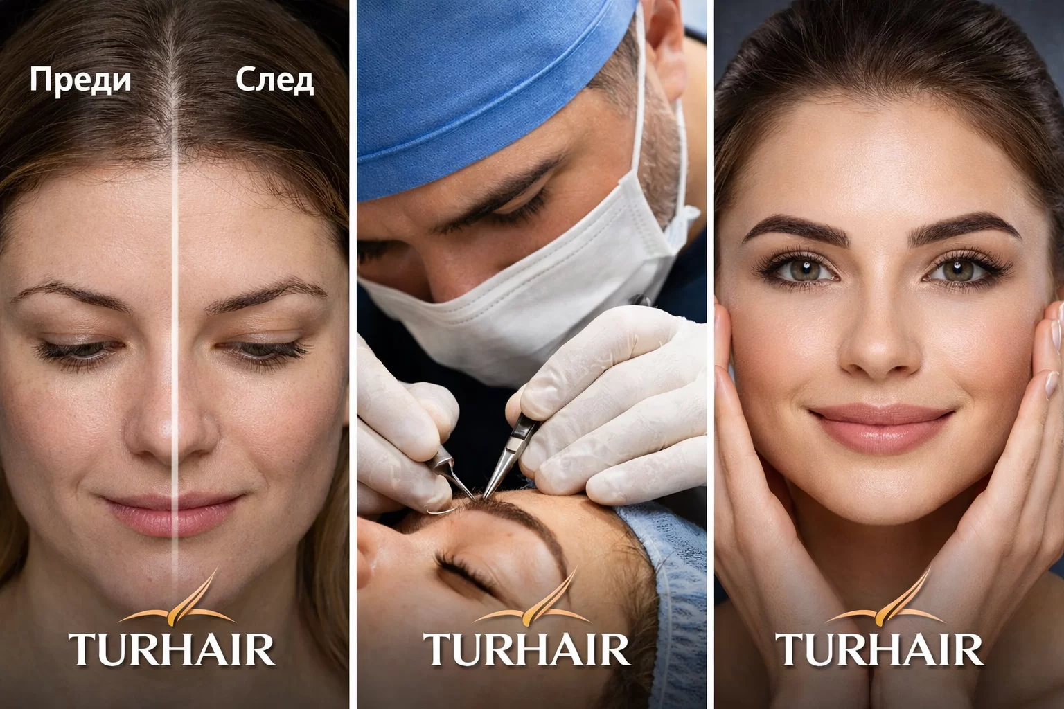 Присаждане на вежди преди и след – естествен резултат от TURHAIR с участие на лекар