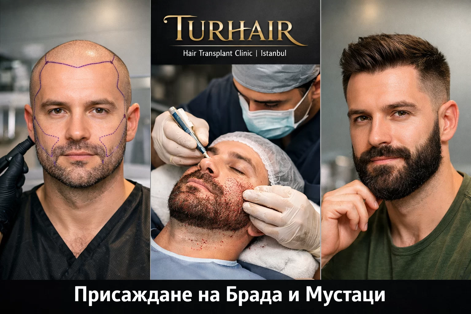 Присаждане на брада и мустаци – Turhair клиника, естествени резултати преди и след трансплантация