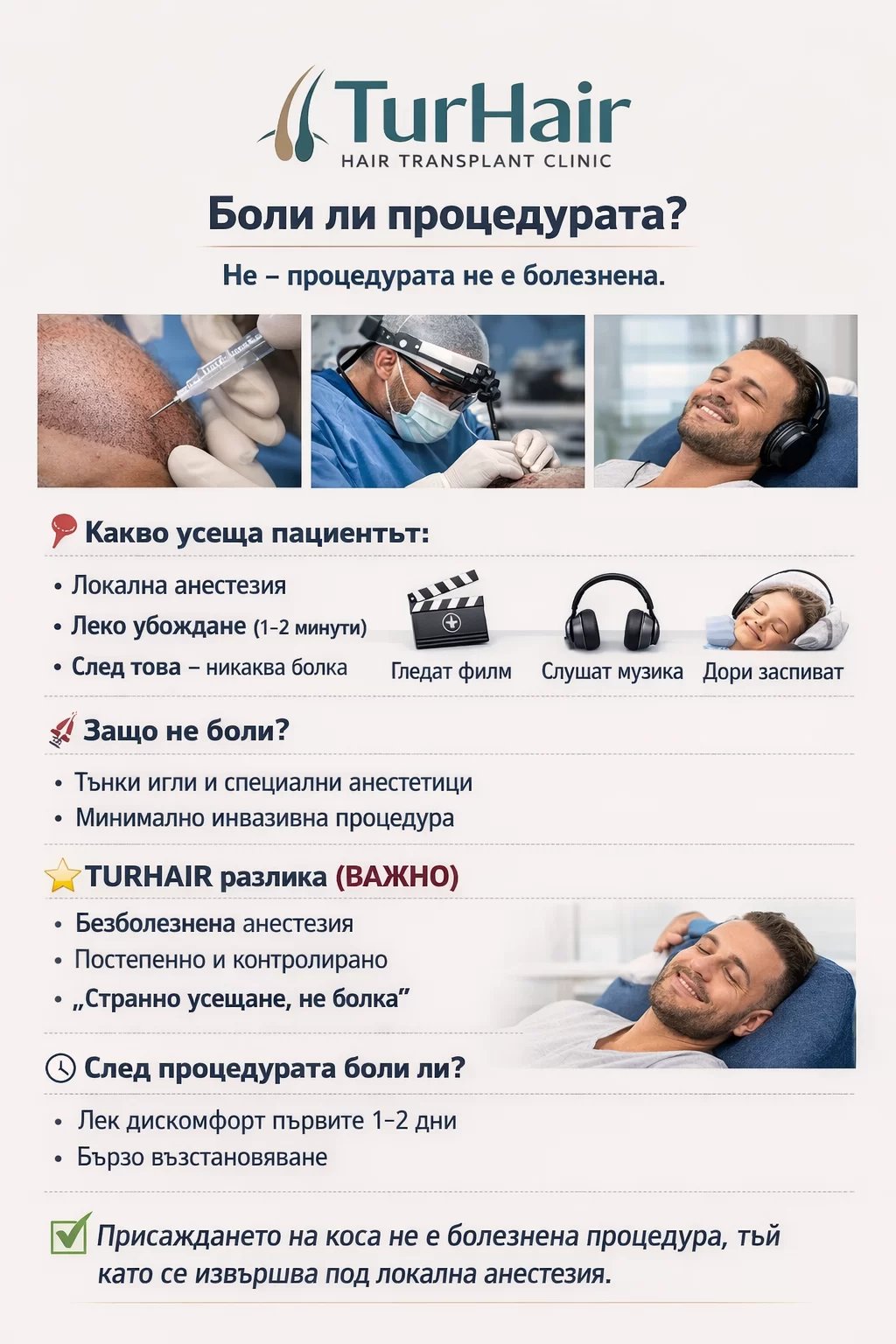 Боли ли присаждането на коса? Безболезнена процедура с локална анестезия в клиника Turhair