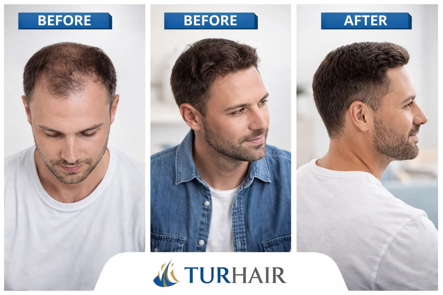 Трансплантация на коса TURHAIR – преди и след резултати в 3 панела с естествен растеж и плътност