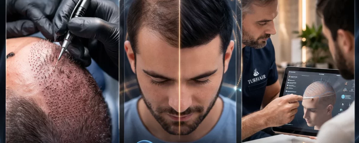 Трансплантация на коса TURHAIR – процедура, преди и след резултати и медицинска консултация в 3 панела