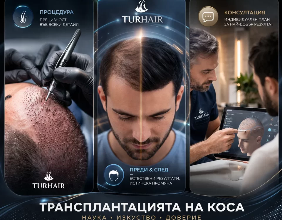 Трансплантация на коса TURHAIR – процедура, преди и след резултати и медицинска консултация в 3 панела