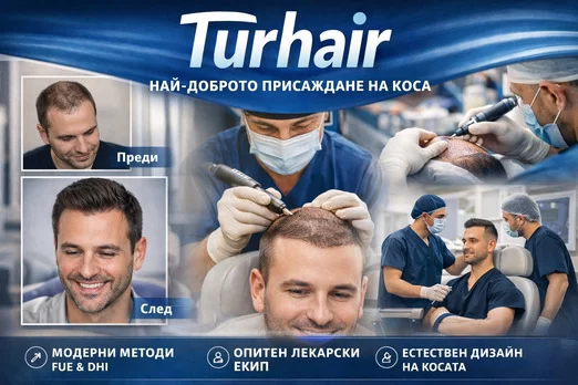 Присаждане на коса преди и след Turhair FUE DHI метод лекарска клиника естествен дизайн висока плътност