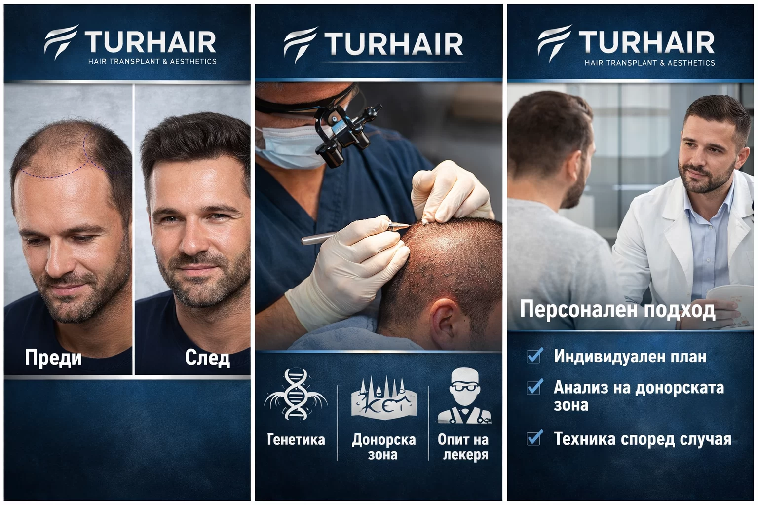 TURHAIR присаждане на коса преди и след резултати, процедура и персонален подход с анализ на донорска зона