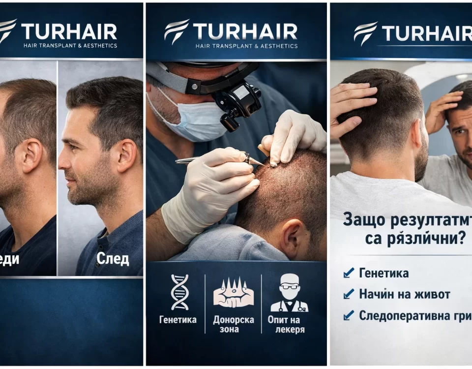 резултати от присаждане на коса TURHAIR преди и след, донорска зона и фактори като генетика и грижа