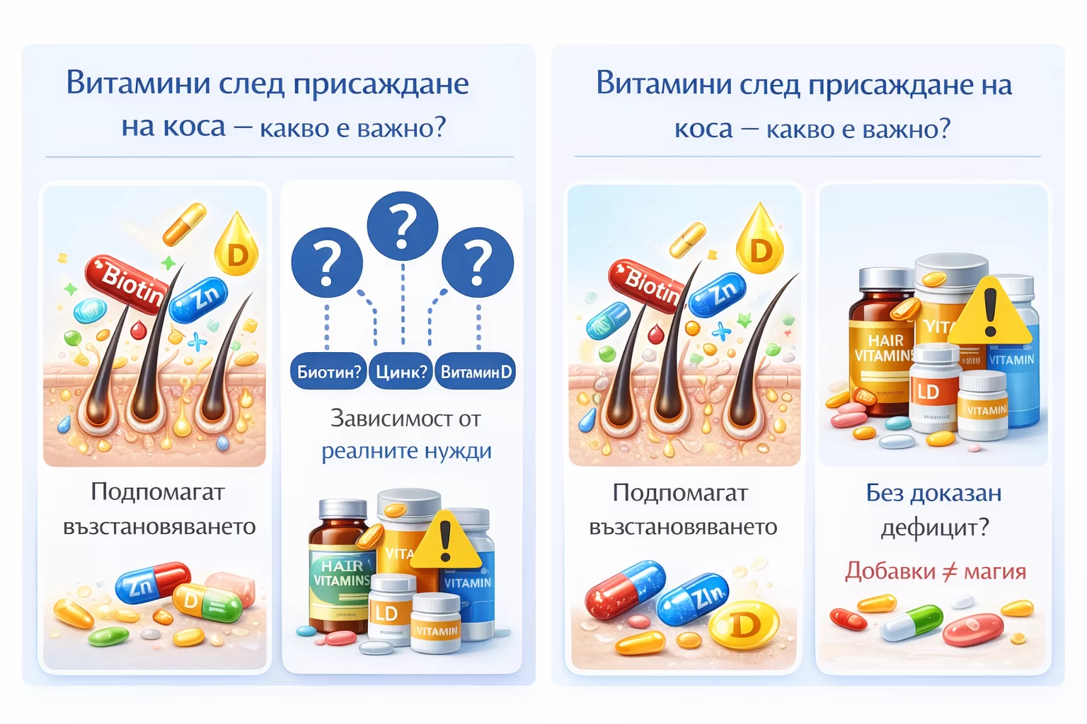 Витамини след присаждане на коса – биотин, цинк и витамин D за възстановяване и растеж на косата