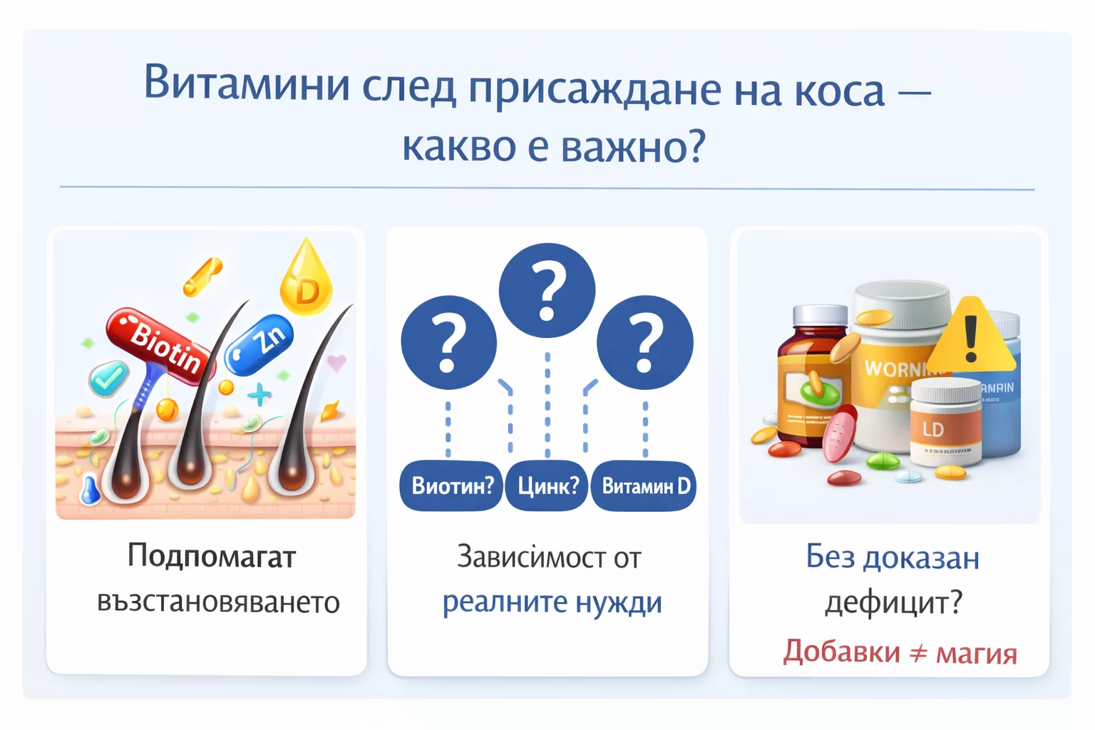 Витамини след присаждане на коса – биотин, цинк и витамин D за възстановяване на фоликулите