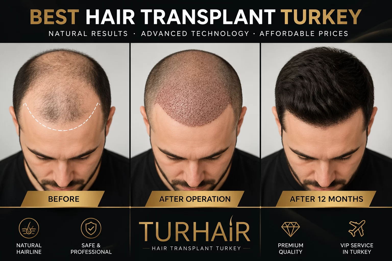 Резултати преди и след трансплантация на коса в Турция от TurHair Istanbul