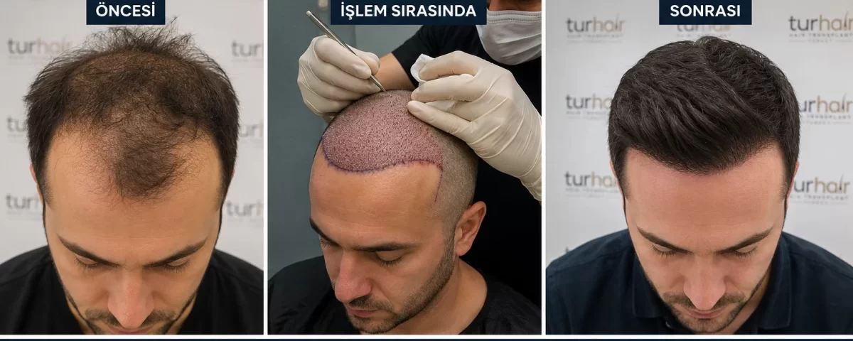 FUE трансплантация на коса в Турция в клиника TURHAIR Истанбул – преди, по време и след процедурата с естествени резултати.
