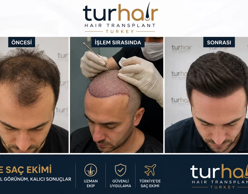 FUE трансплантация на коса в Турция в клиника TURHAIR Истанбул – преди, по време и след процедурата с естествени резултати.