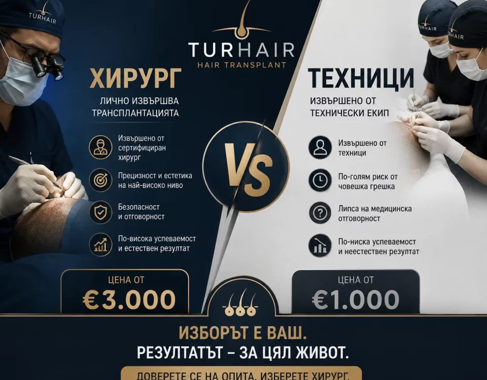 Сравнение между трансплантация на коса, извършена от хирург, и процедура, извършена от техници – TURHAIR Istanbul.