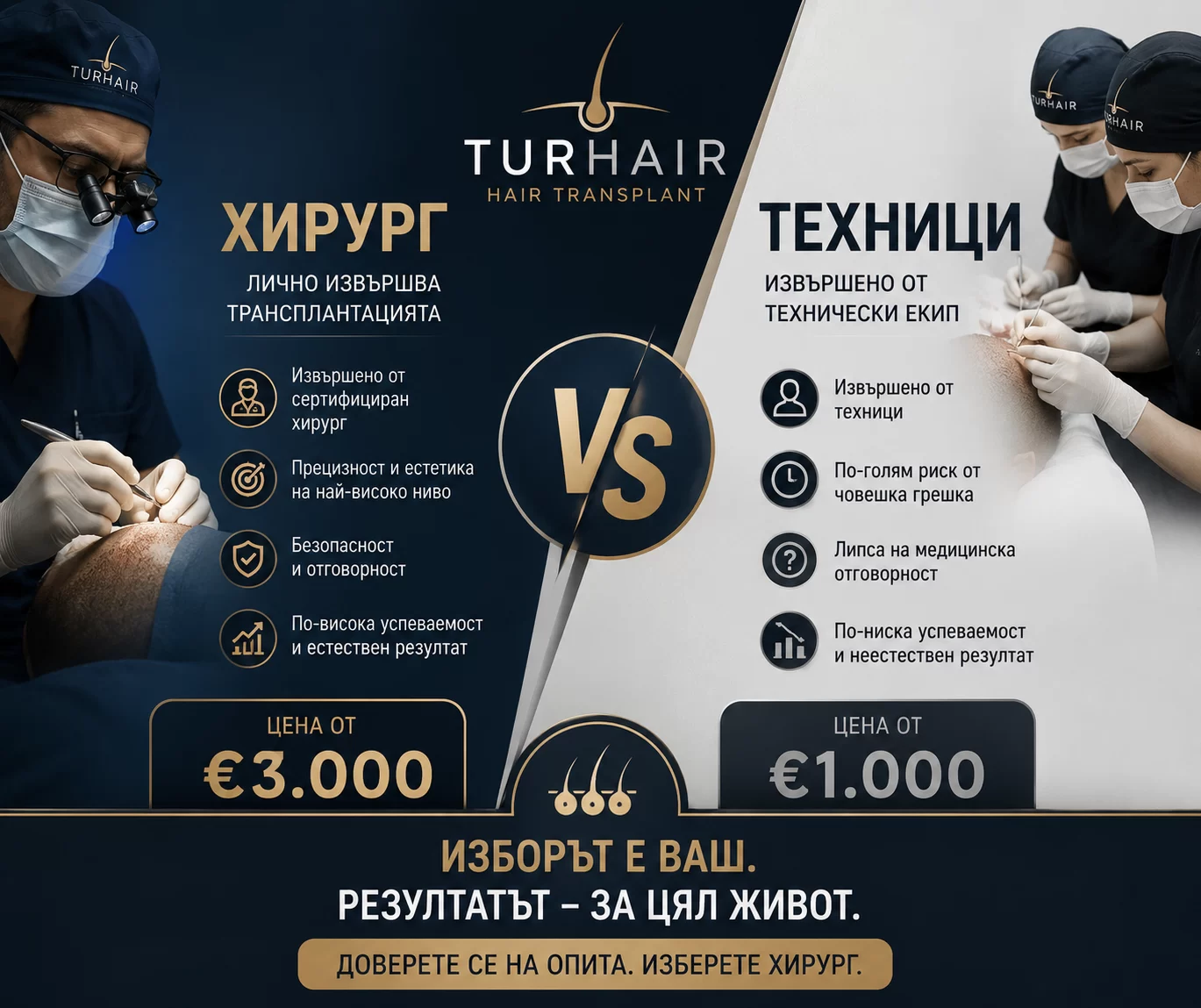 Сравнение между трансплантация на коса, извършена от хирург, и процедура, извършена от техници – TURHAIR Istanbul.