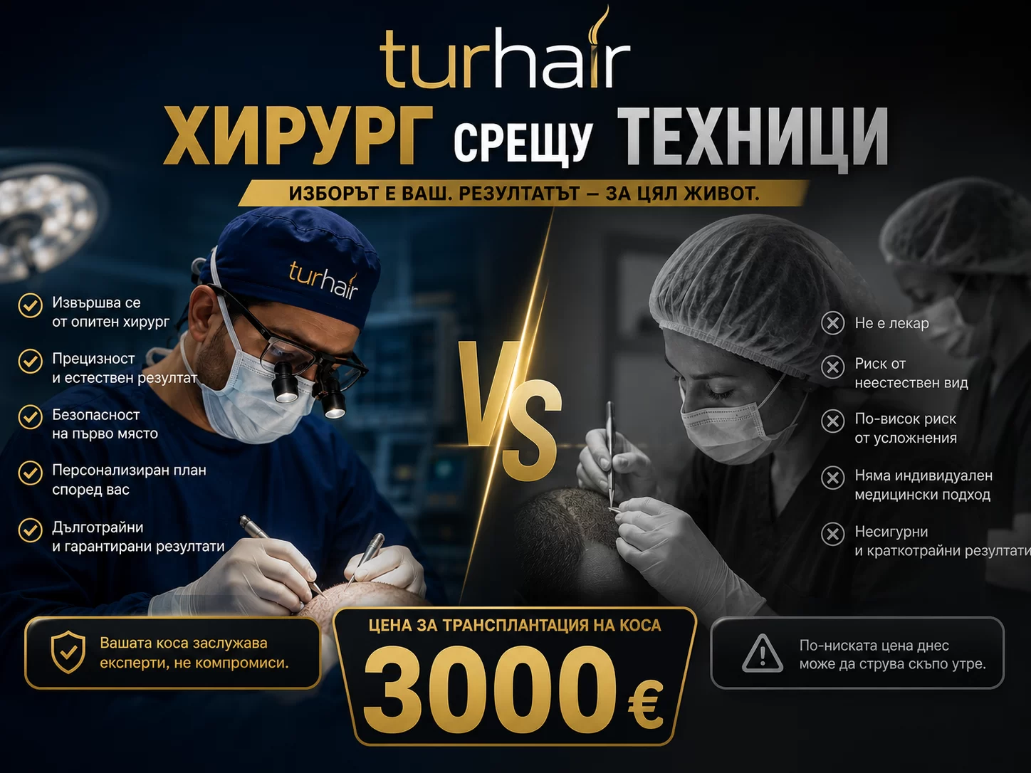 Turhair hair transplant comparison showing surgeon-performed hair transplant versus technician clinic, highlighting quality, safety, natural results, and a 3000 Euro hair transplant package in Turkey.