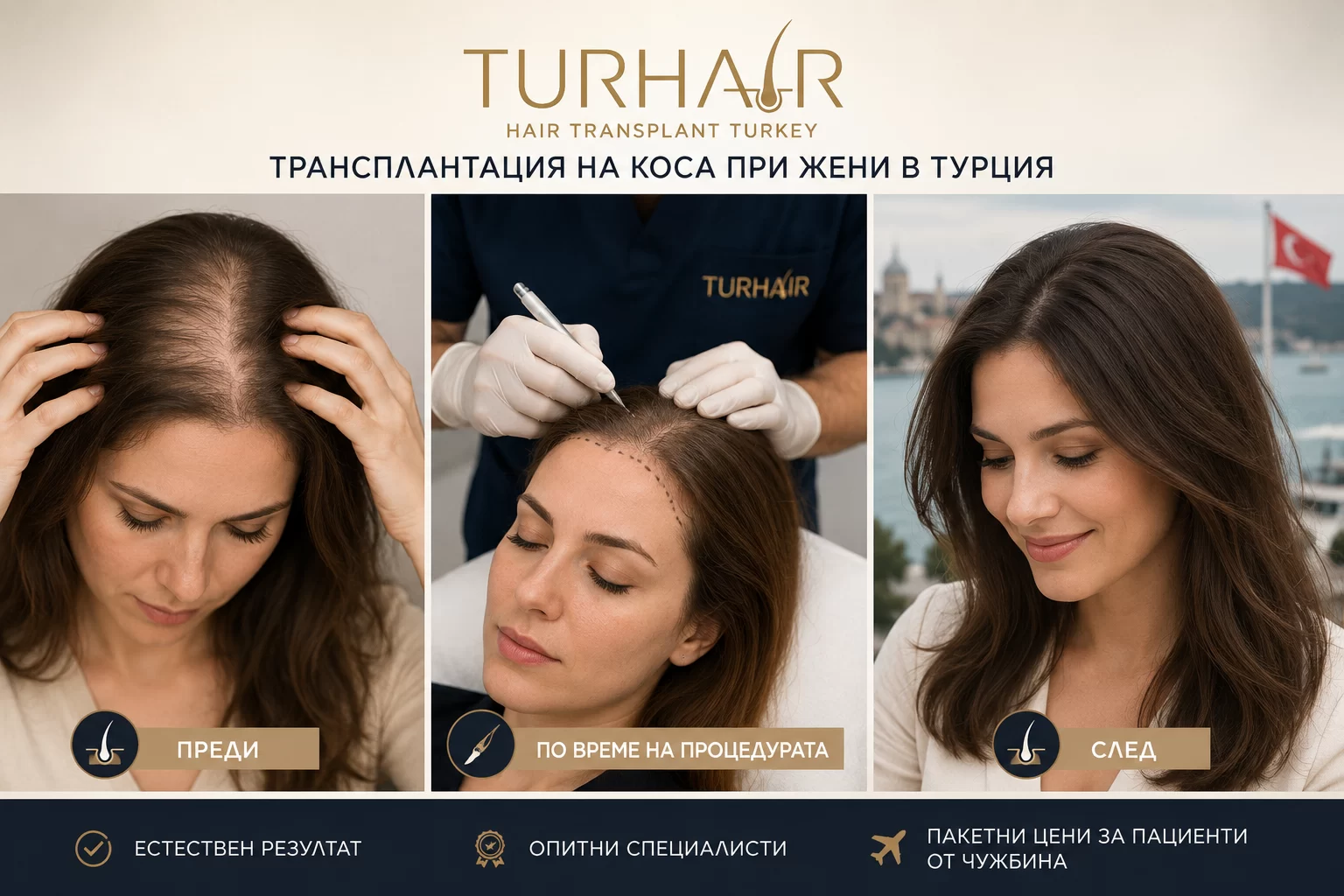 Трансплантация на коса при жени в Турция – преди, по време на процедурата и след резултата в TurHair Istanbul