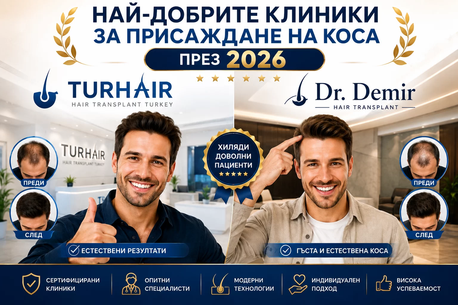 Щастливи пациенти след трансплантация на коса в TURHAIR и Dr. Demir в Истанбул през 2026 година с естествени резултати и висока гъстота на косата.