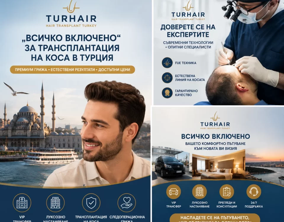 Всичко включено трансплантация на коса в Турция с TurHair Istanbul – VIP трансфер, хотелско настаняване, FUE и DHI техники за естествени резултати.