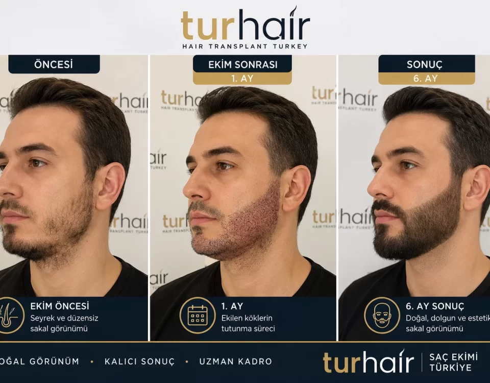 Трансплантация на брада в Турция преди и след процедурата в TurHair – естествен и гъст резултат след 6 месеца.